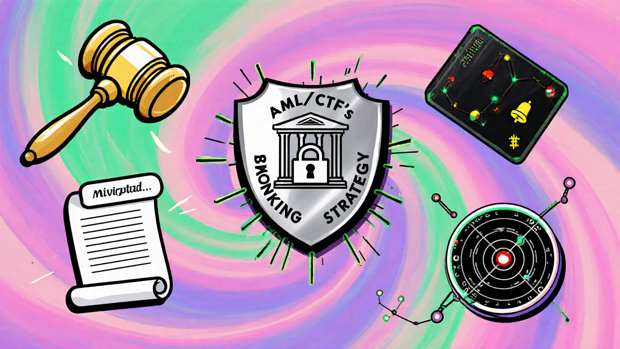 Floating icons of legal, AML, banking, tech, and risk pillars in a colorful background.