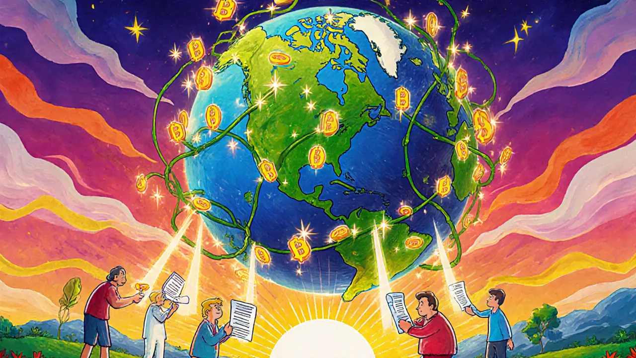 Futuristic Earth wrapped in glowing blockchain vines with sparkling carbon tokens.
