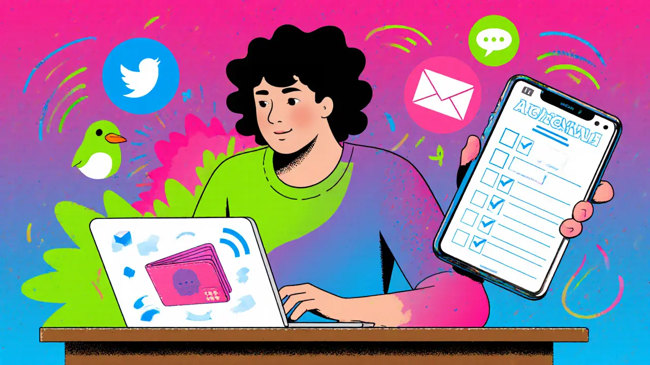 Person using laptop and phone with social icons and a claim form floating nearby.