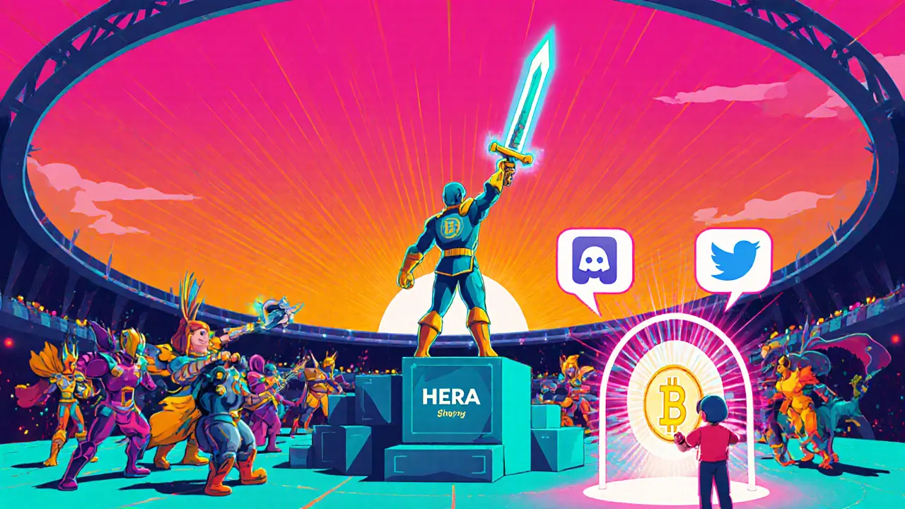 Peter Max style arena with hero wielding HERA sword, NFTs battling, and staking portal.
