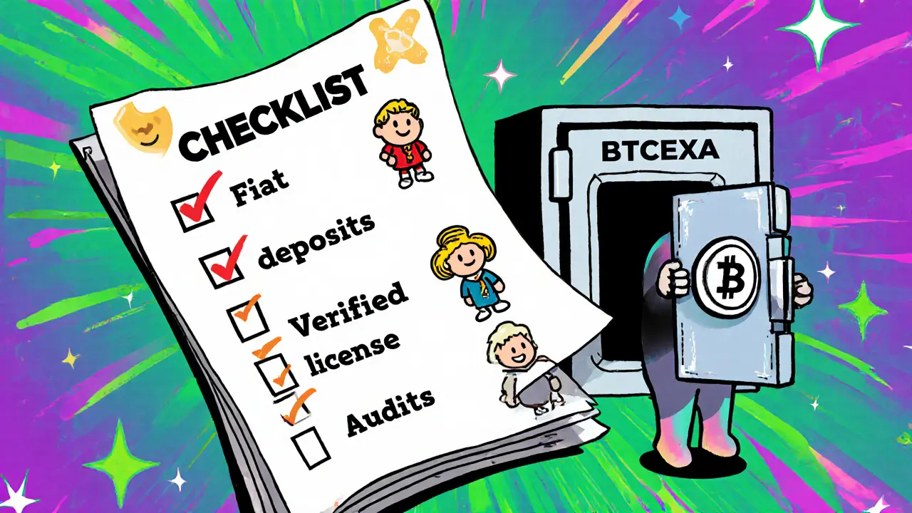 Rainbow checklist shows trusted exchange features while BTCEXA appears dim and empty.