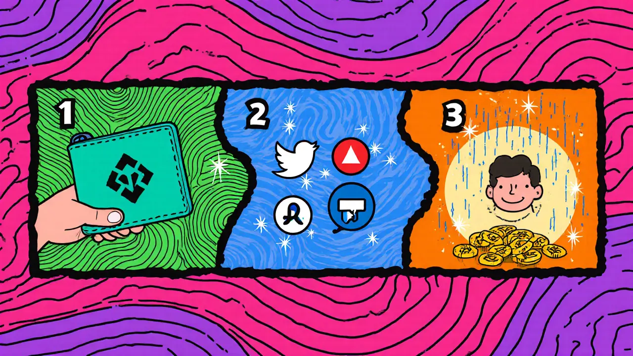 Three‑panel cartoon showing MetaMask connection, social tasks, and HERA token rain in bright colors.