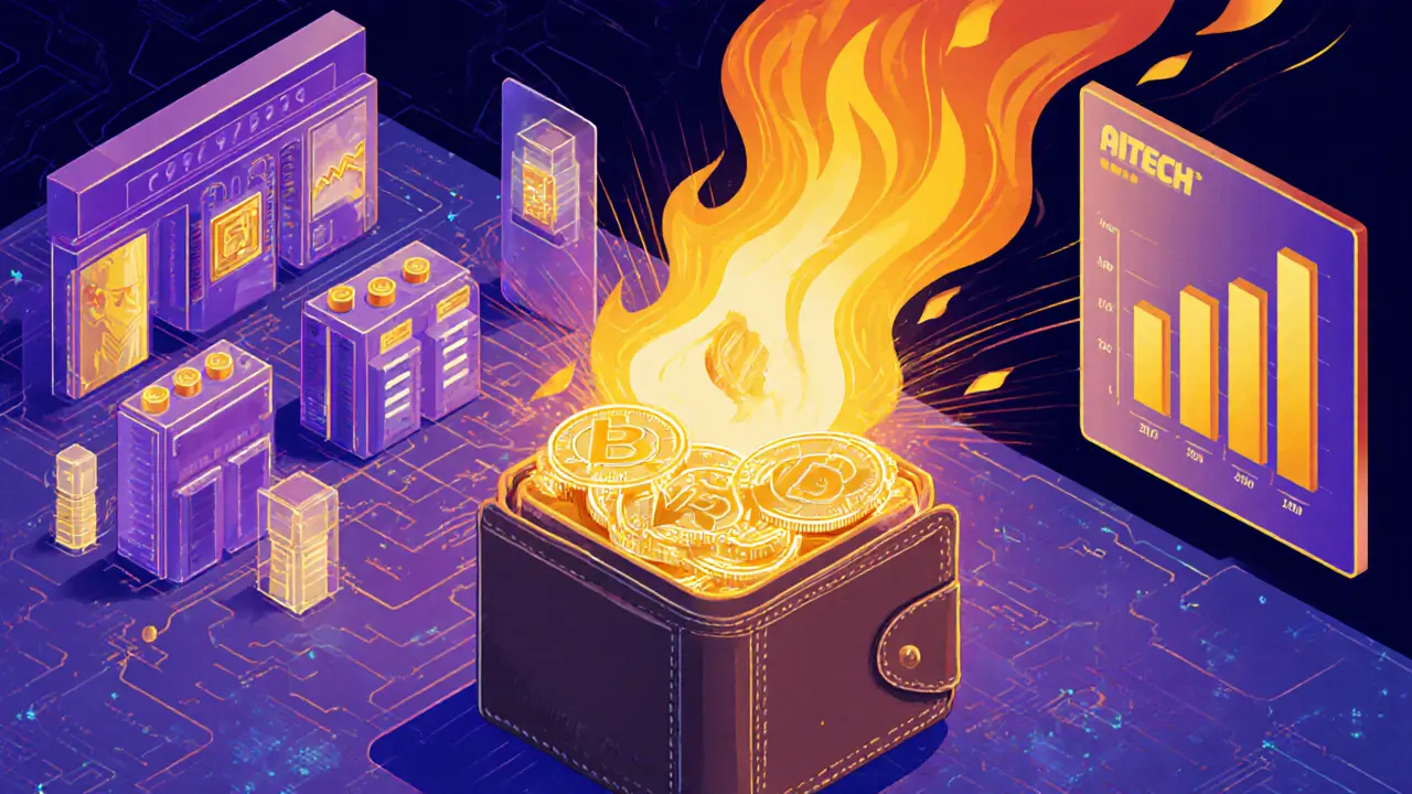 Tokens burning and being staked for AI marketplace use in a colorful scene.