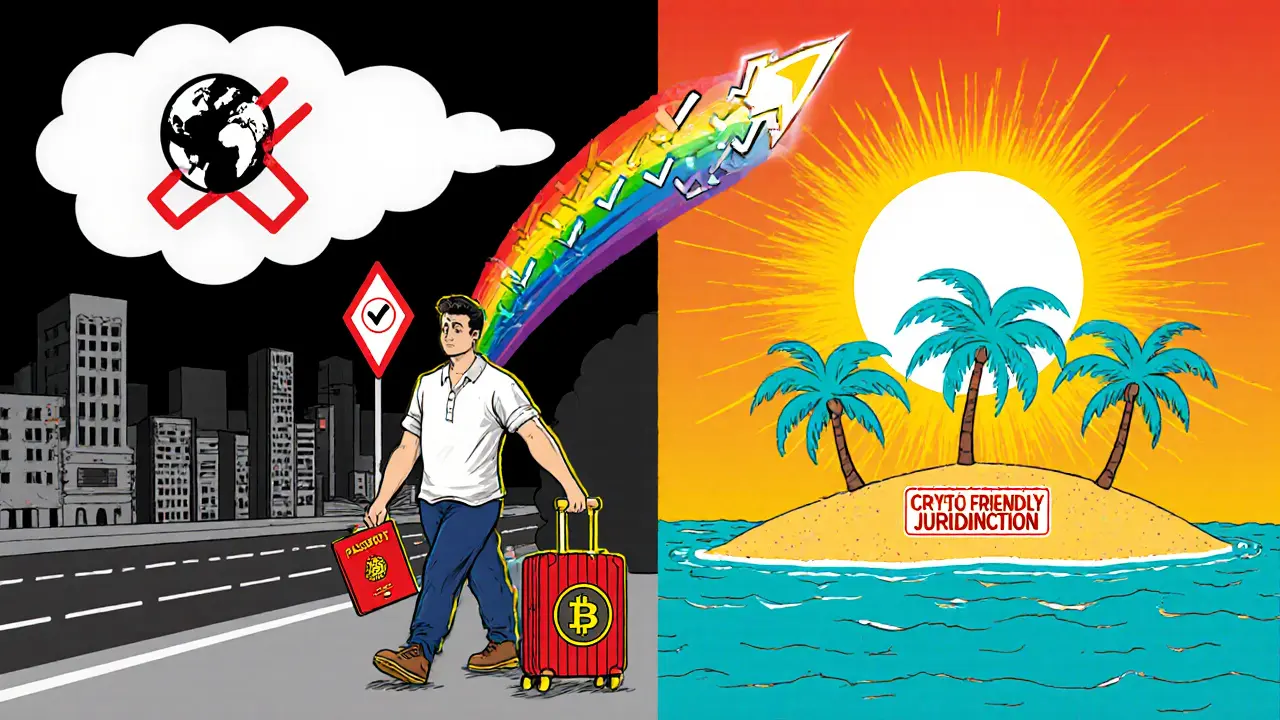 Traveler moving from a restrictive city to a bright crypto‑friendly island with wallet and passport.