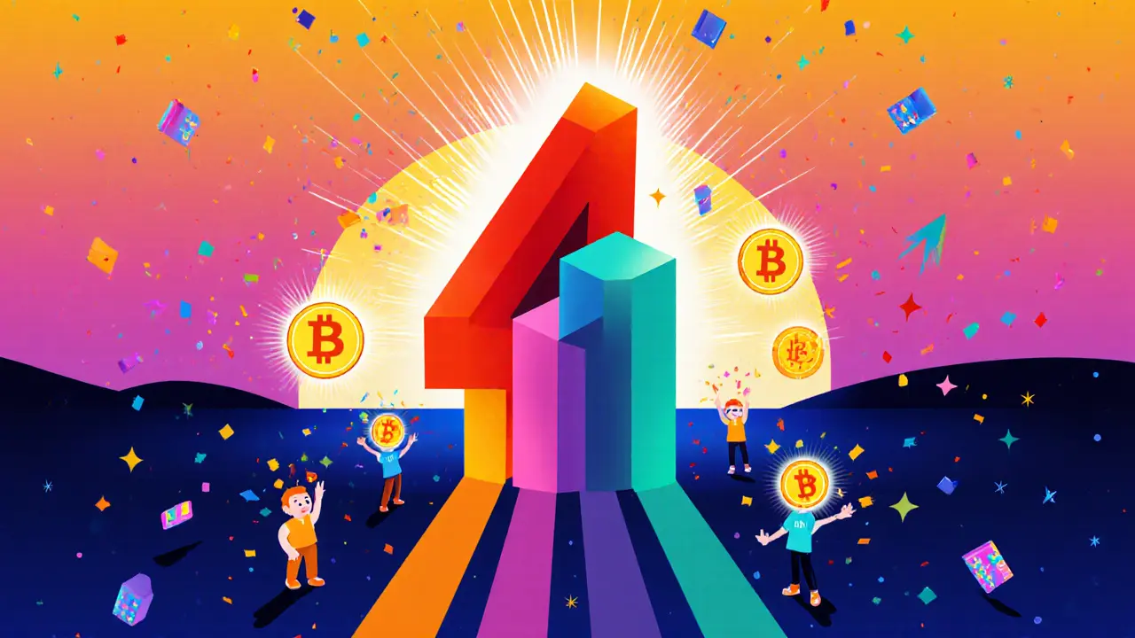Bright scene of a glowing number 4 formed by four colored pillars, surrounded by FORM tokens.