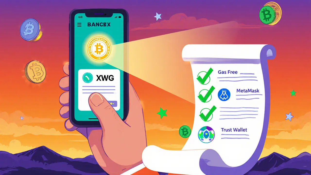 Cartoon hand holding a phone showing a wallet UI, floating BNB gas coins, and a checklist of claim steps.