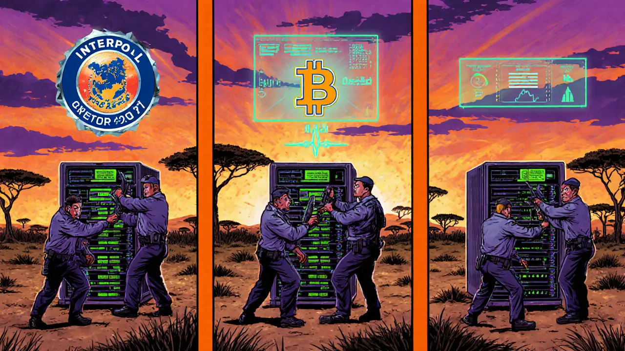 Cartoon scene of multinational agents busting illegal crypto mining farms in Africa.