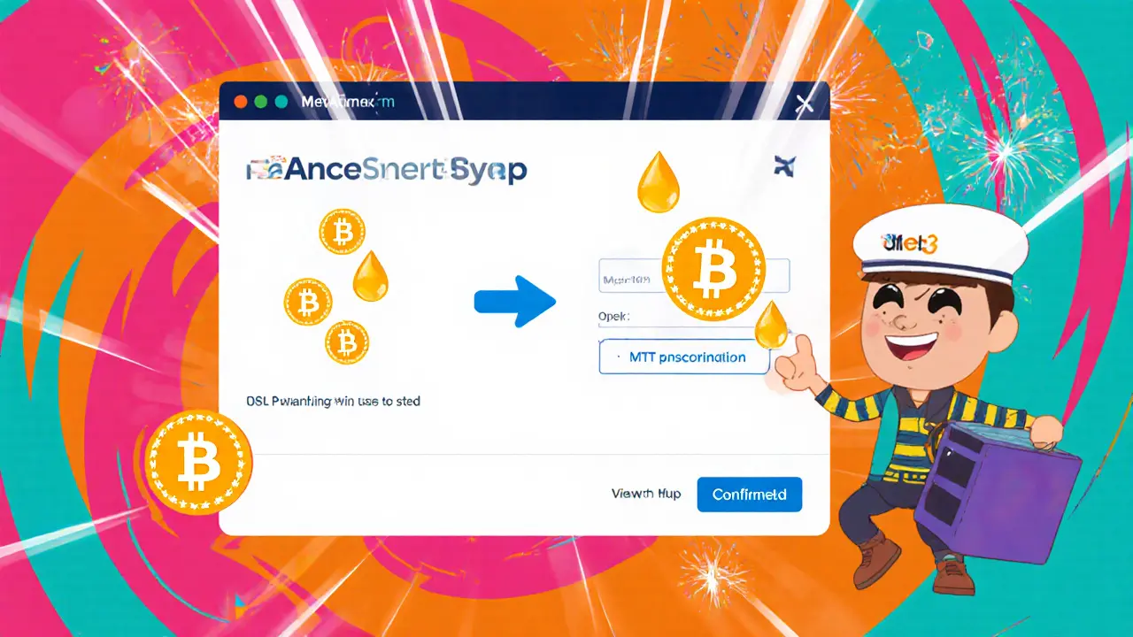 Cartoon user swapping BNB for MTT on PancakeSwap with bright DEX interface elements.