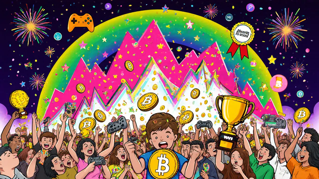 Celebratory scene of gamers with raining XWG tokens, a rising price chart, and icons for future airdrops.
