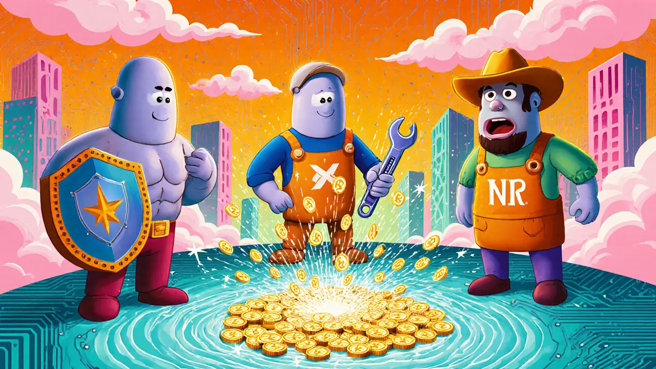 Colorful illustration of DMTR tokens being staked with three node characters.