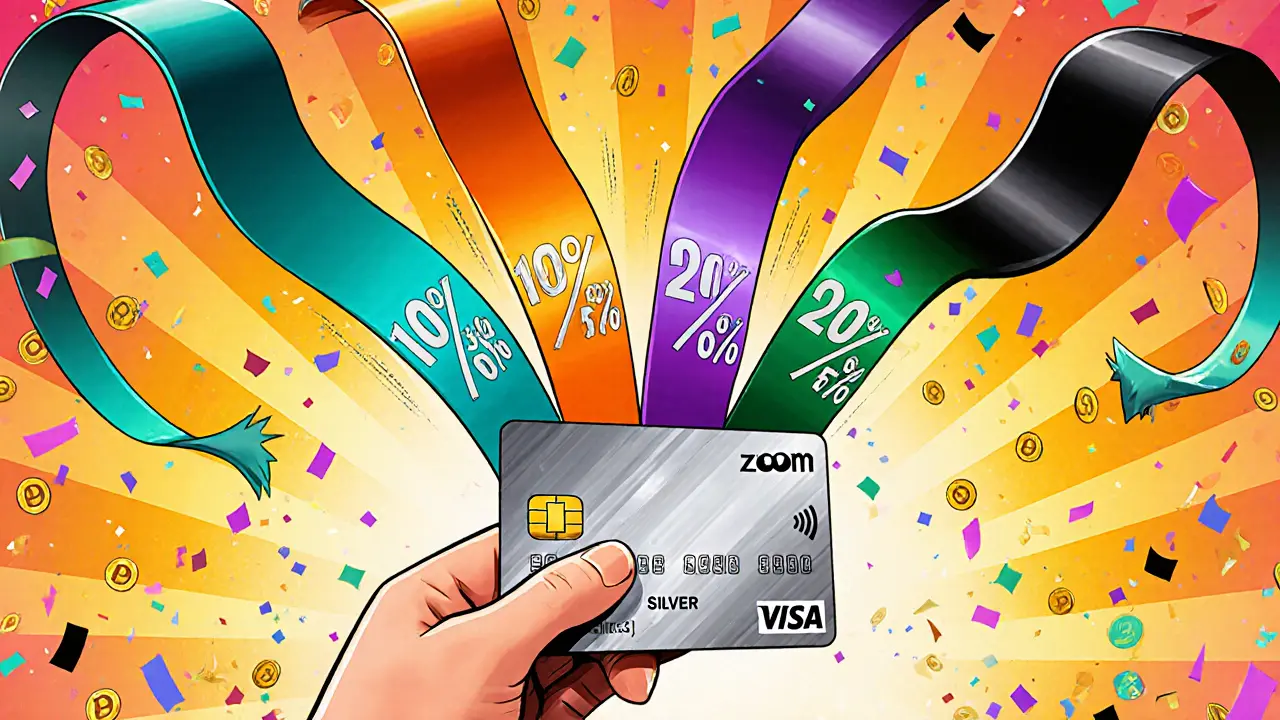 Colorful scene of a debit card with reward ribbons showing tier percentages and ZOOM tokens.