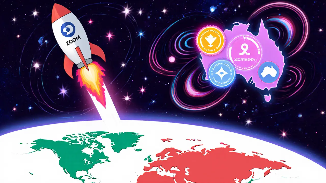 Futuristic roadmap with a rocket, world map compliance badges, and multi‑chain symbols.