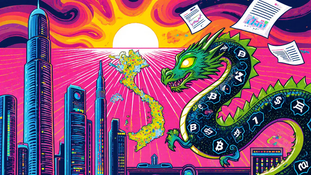 Futuristic Vietnam hub with banks and crypto symbols connecting Southeast Asia.