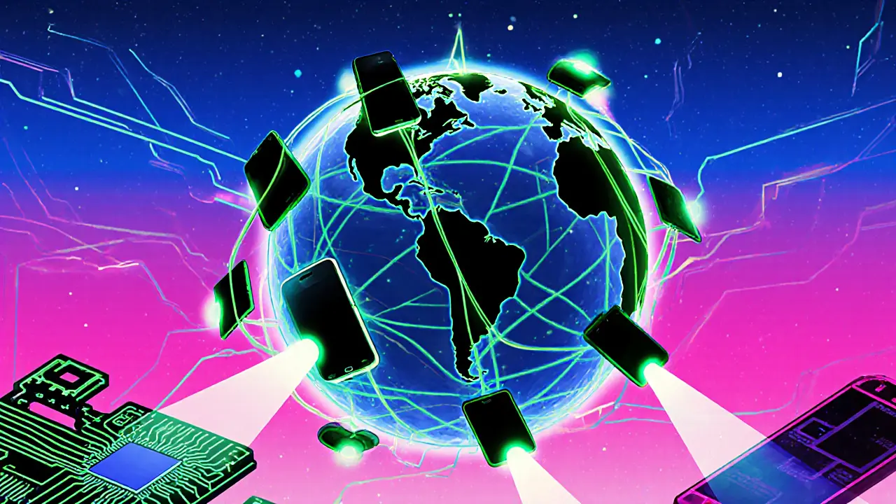 Globe of smartphones connected by glowing lines showing ARM‑based compute network.