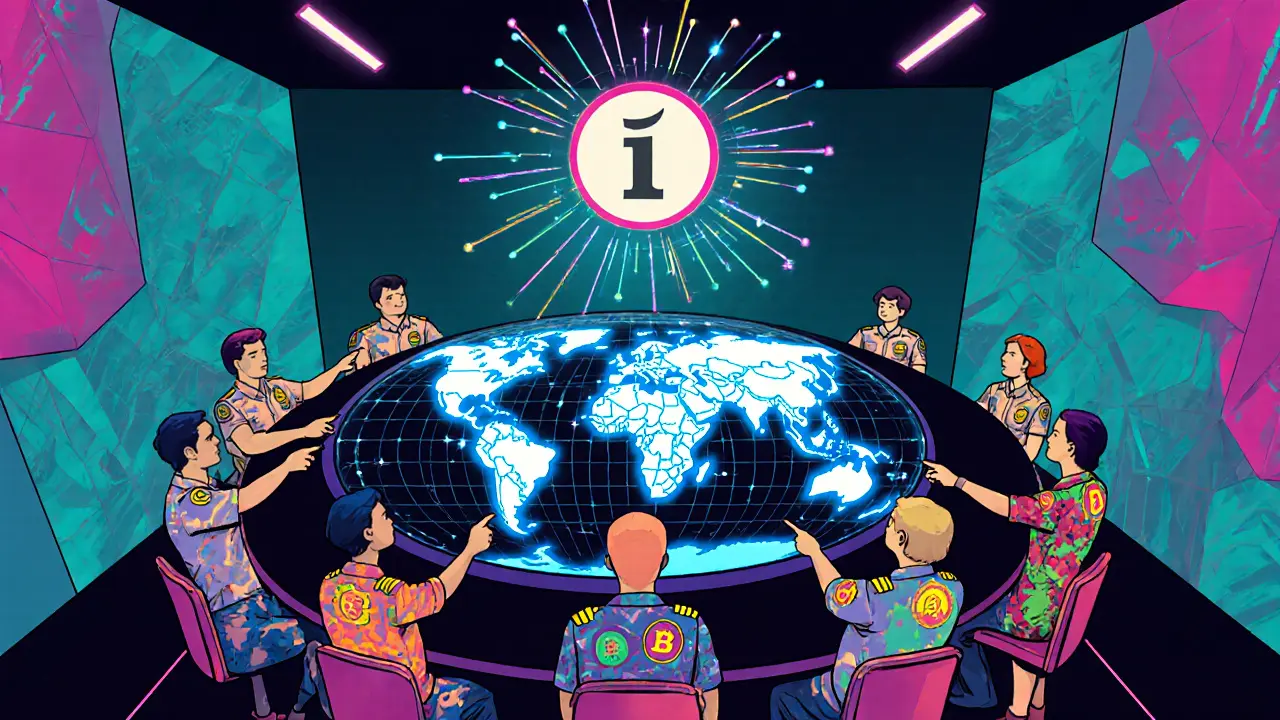 Illustrated team of international officers viewing a holographic cybercrime map.