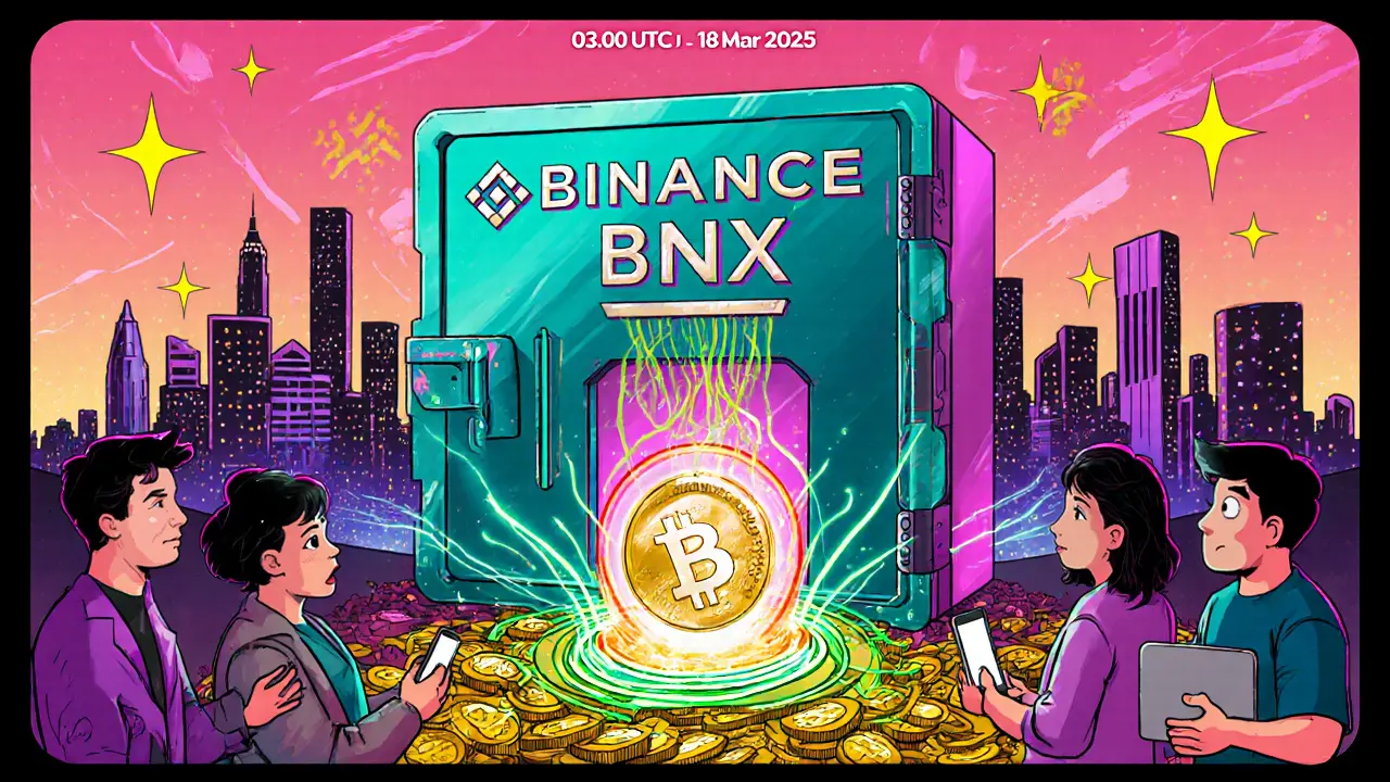 Illustration of Binance vault turning BNX coins into FORM tokens with onlookers watching.