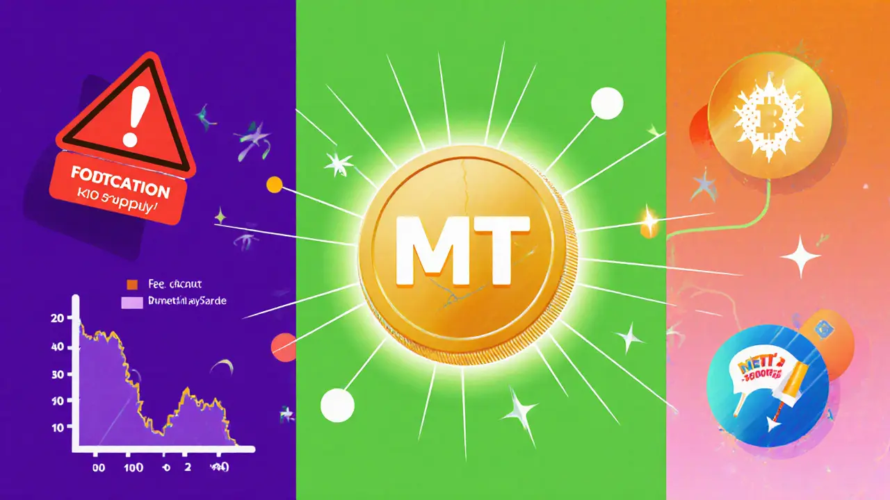 Illustration showing red warning signs and icons for fee discounts, staking, and governance around the MTT token.