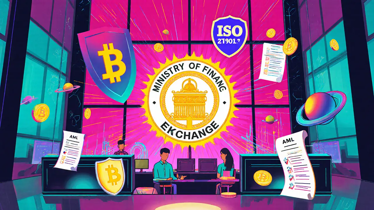 Licensed crypto exchange with security icons and Ministry of Finance emblem.