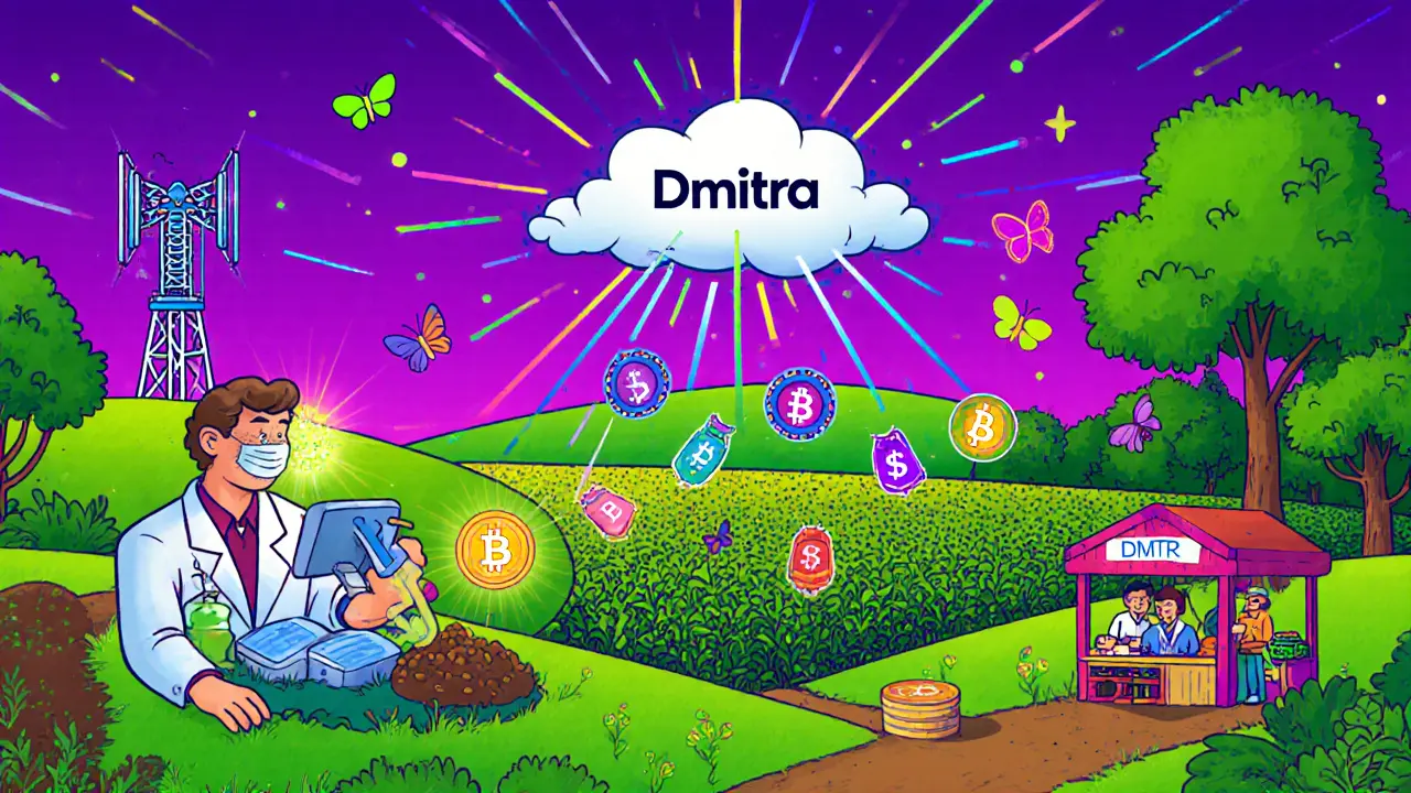 Vibrant farm scene showing soil testing, IoT sensors, carbon credits, and micro‑loans using DMTR.