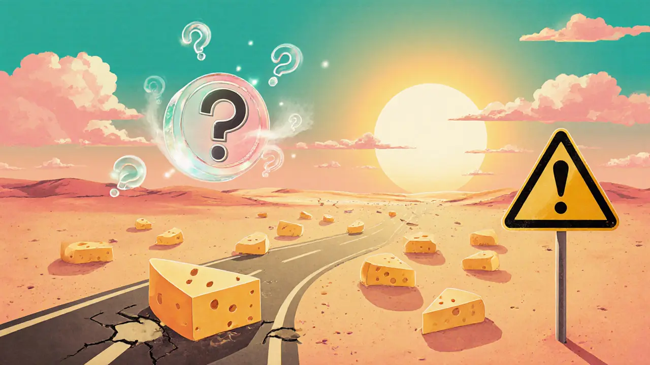Deserted scene with floating cheese wheels and ghostly token, warning tone, cartoon style.