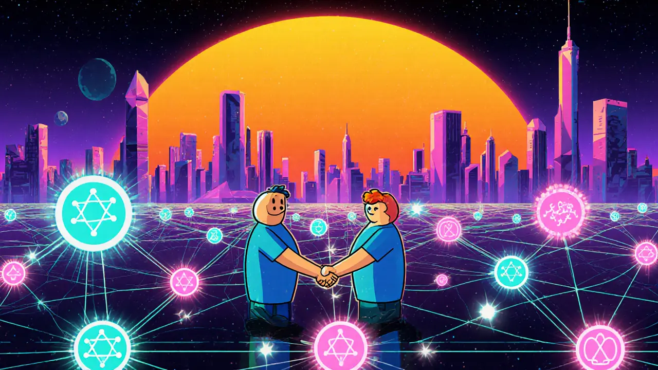 Futuristic Hedera Hashgraph network with glowing nodes and quantum symbols in a psychedelic style.