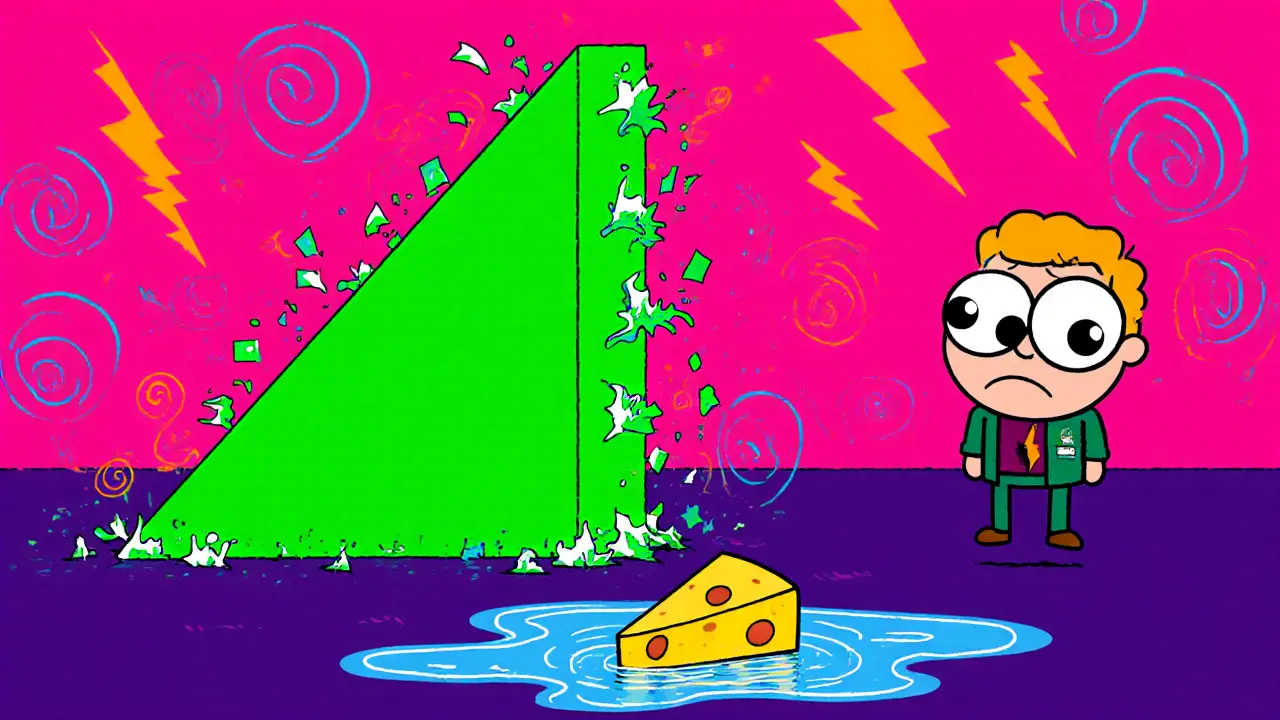 Sharp price drop chart with tiny liquidity pool and nervous trader in bright colors.
