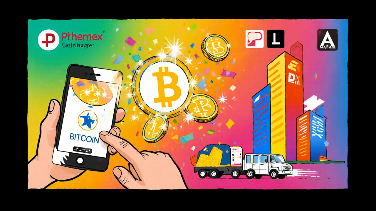 User swapping HBAR for Bitcoin.ℏ on a phone, with low‑fee icons and micro‑payment visuals.