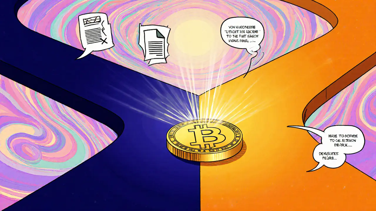 A forked blockchain branching from the original, with the unspendable 50 BTC shown as a golden relic.