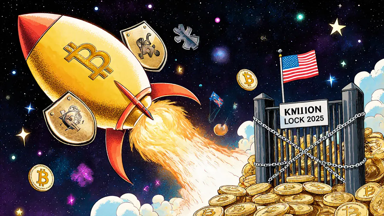 Bitcoin futures rocket launching with insurance shields protecting traders, while a locked U.S. flag and crying altcoins sit behind a ban gate.