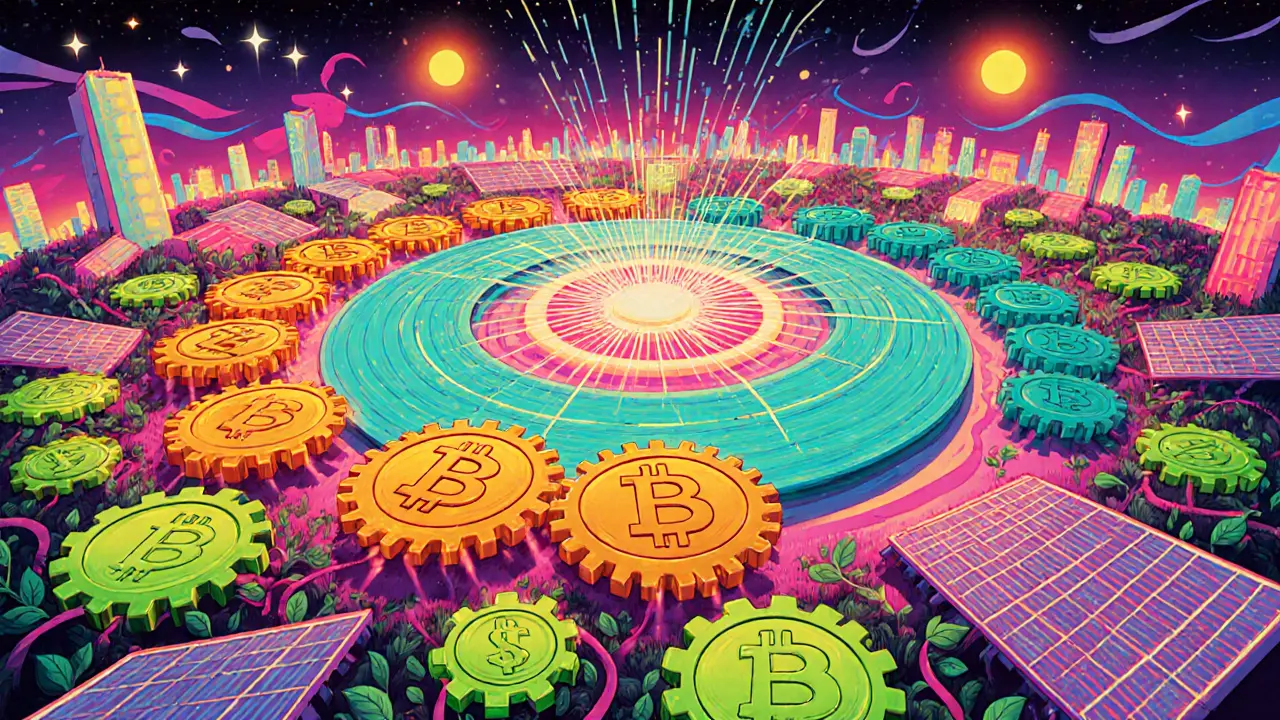 Cartoon city of glowing blockchain nodes merging PoW gears and PoS tokens, symbolizing hybrid future.