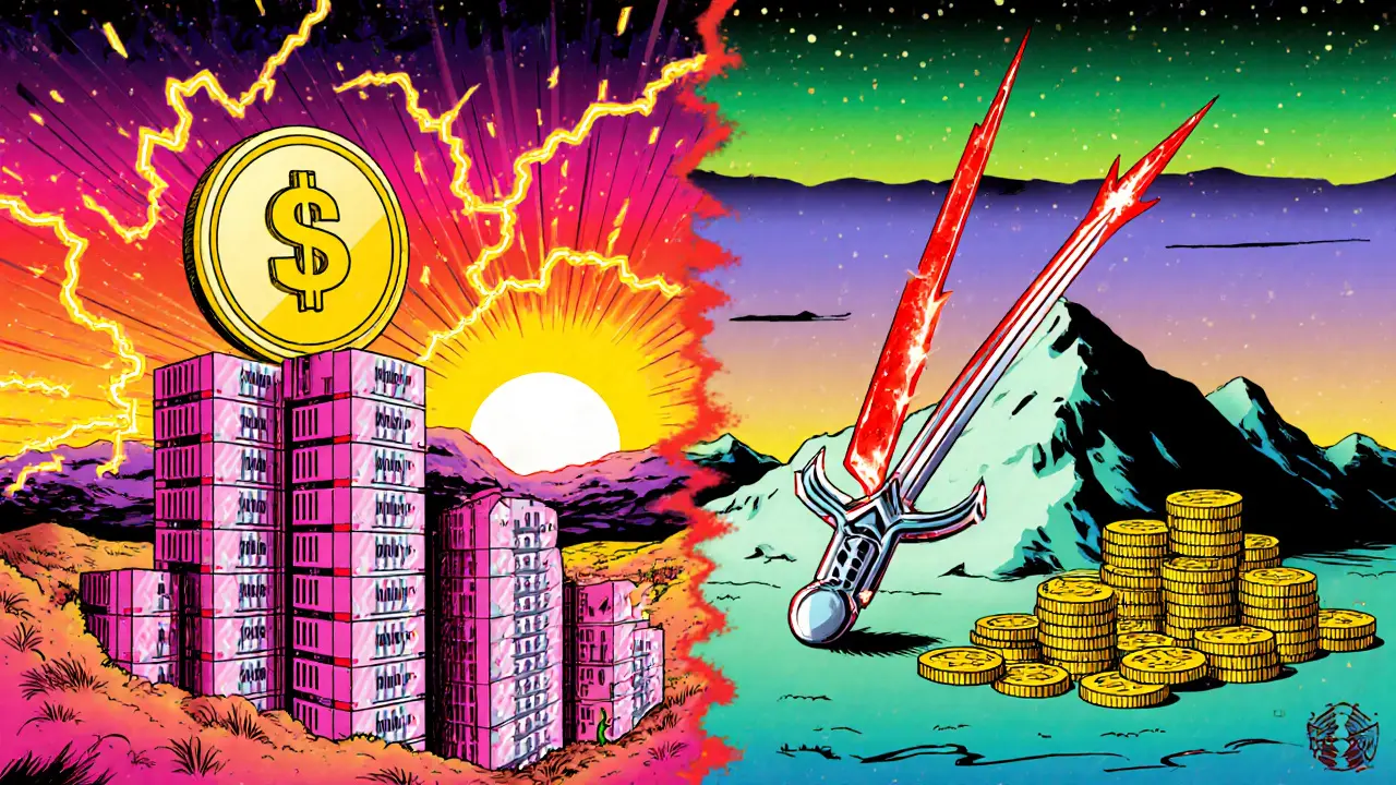 Cartoon comparison showing stacks of ASIC miners, electric bolts, and piles of ETH with a slashing sword.