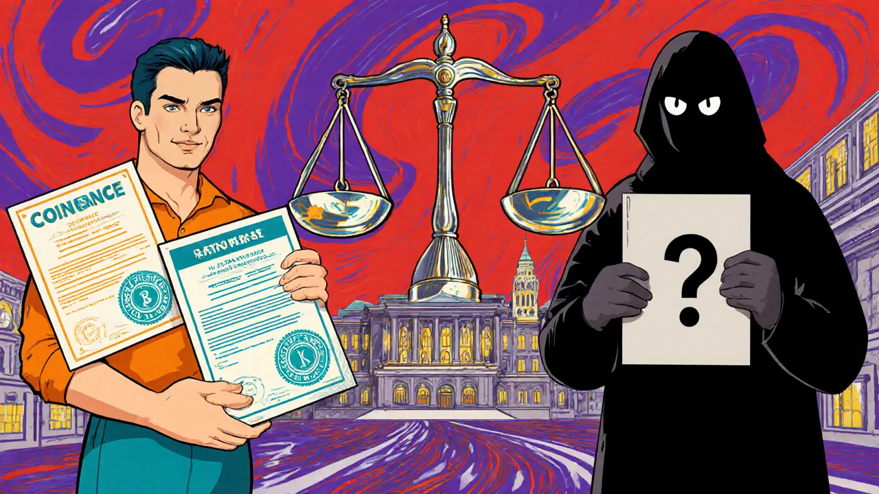 Cartoon scene comparing Odee's missing licence to other exchanges' official certificates.