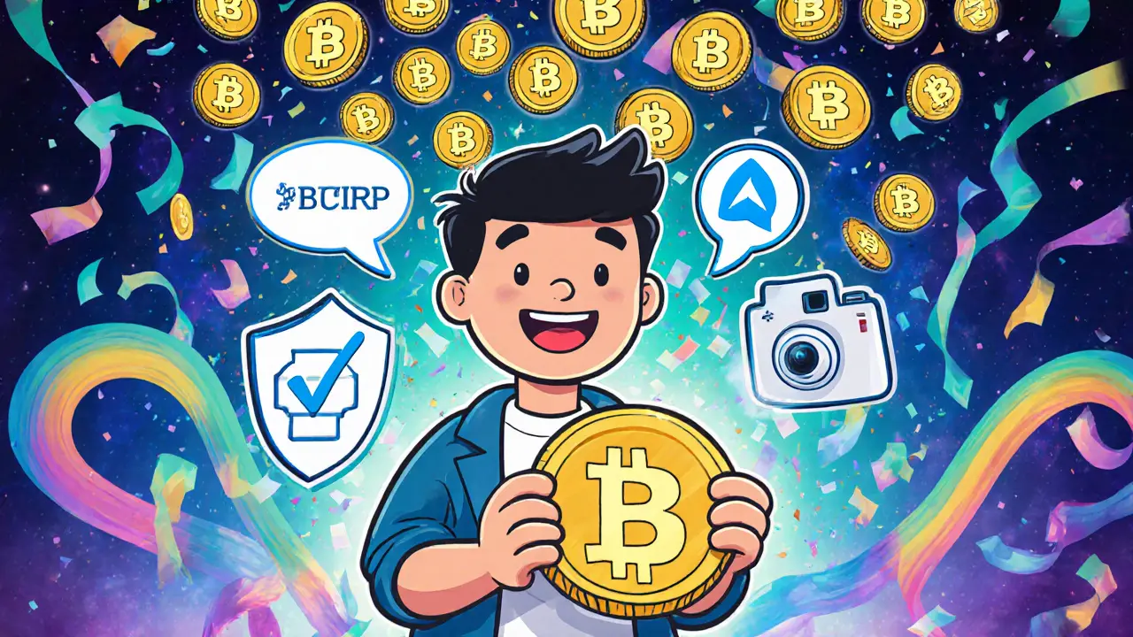 Cheerful avatar receiving a rain of BITORB tokens with KYC and Telegram icons.