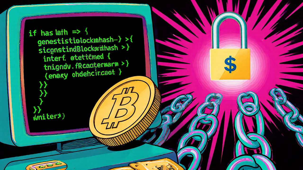 Code screen showing a special‑case condition locking the genesis block reward.