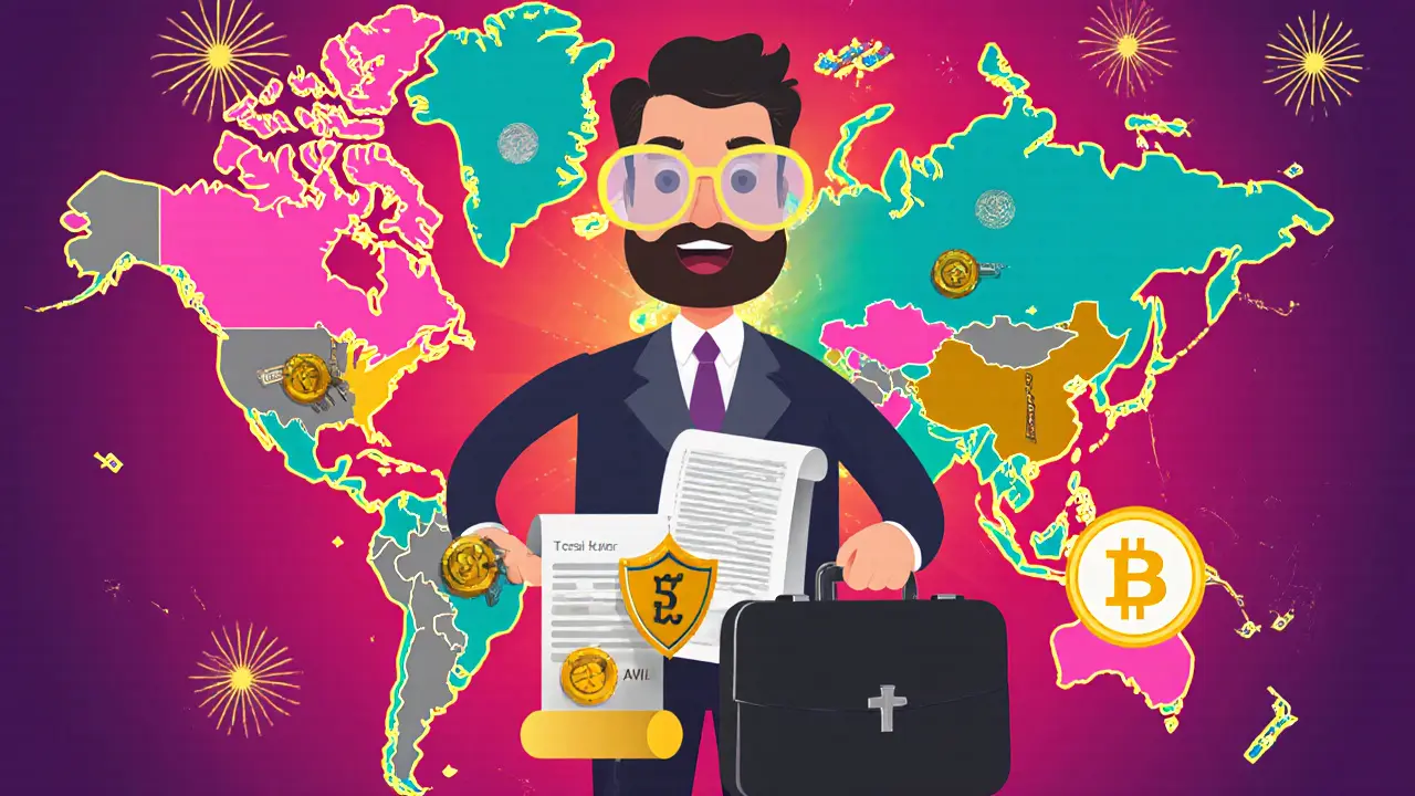 Colorful world map highlighting permissive countries and cartoon lawyer with KYC and smart‑contract icons.