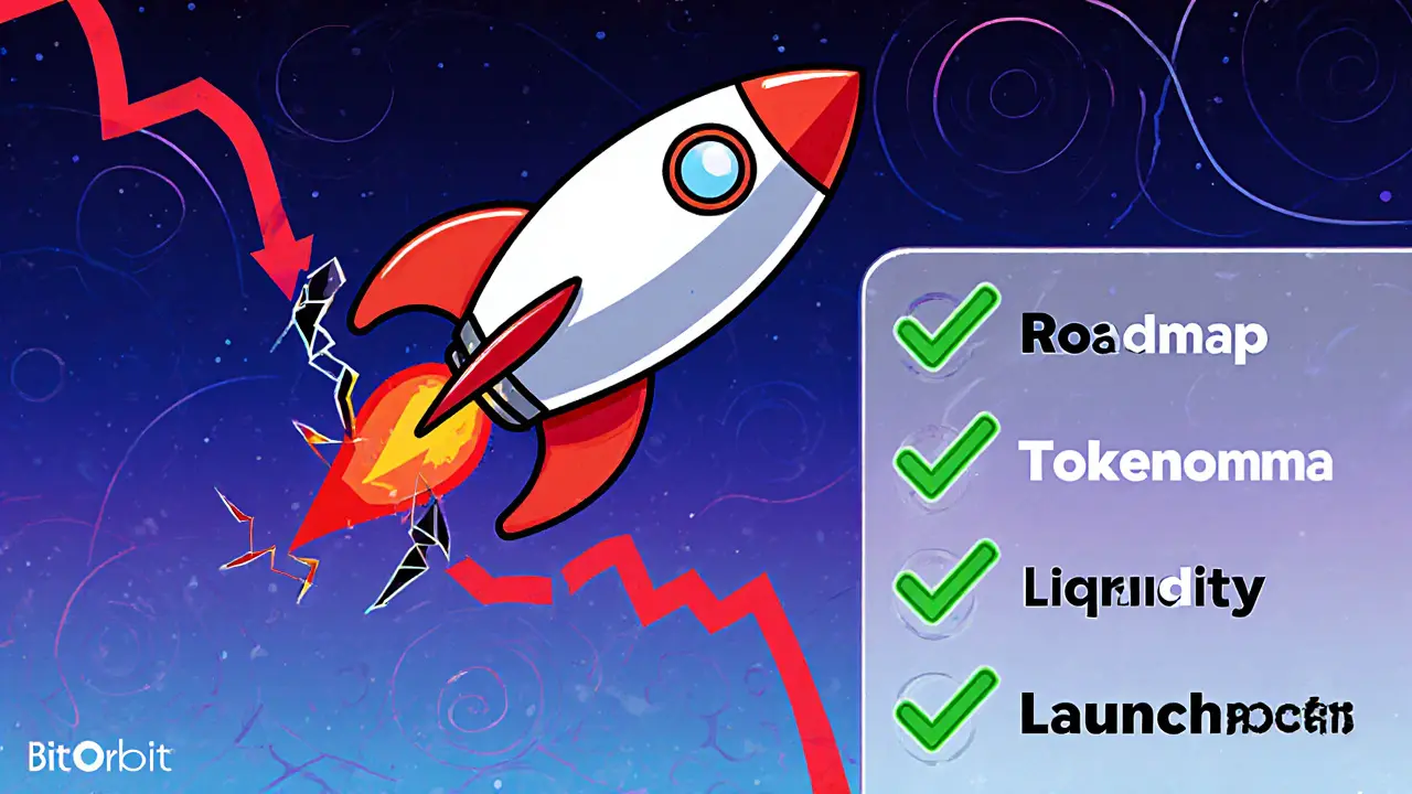 Falling rocket with declining price chart and checklist icons for IDO lessons.