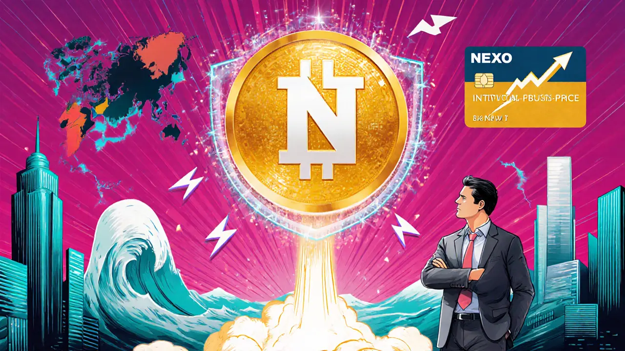 Futuristic city with rising NEXO token, insurance shield, and rocket‑like Nexo Card.