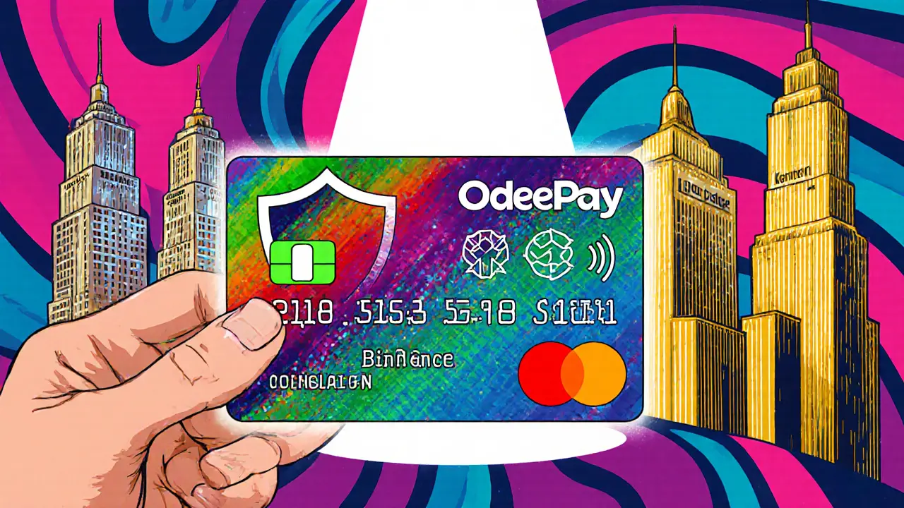 Hand holding OdeePay card with lock button, split background of security icons and big exchanges.