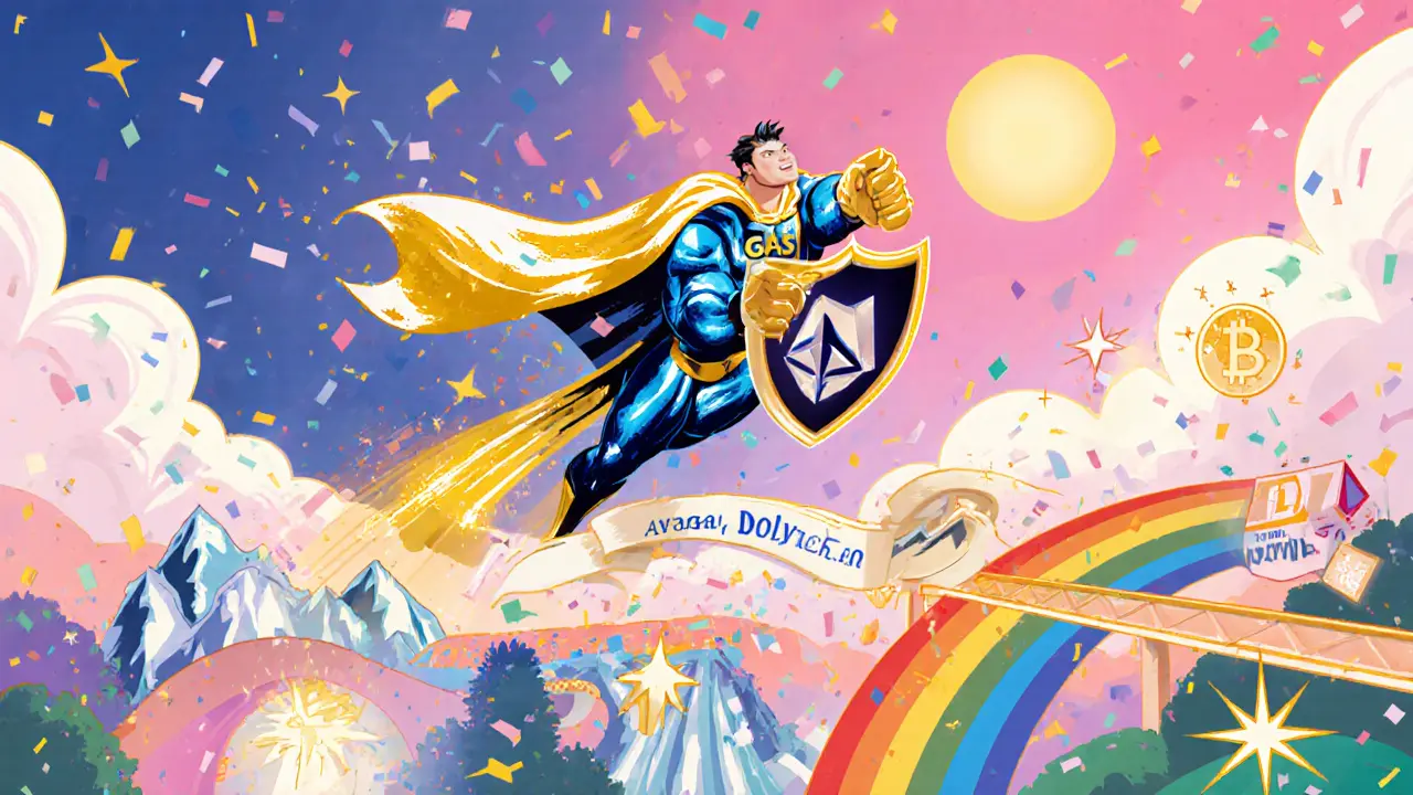 Heroic cartoon Gas Hero flying over colorful blockchain icons, representing future fee optimizations.