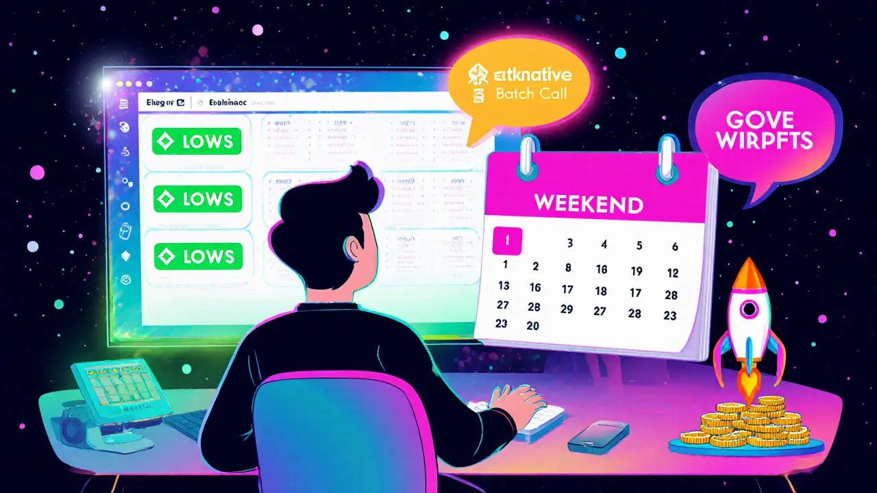 Illustration of a user monitoring low‑gas alerts on holographic screens with weekend calendar marks.