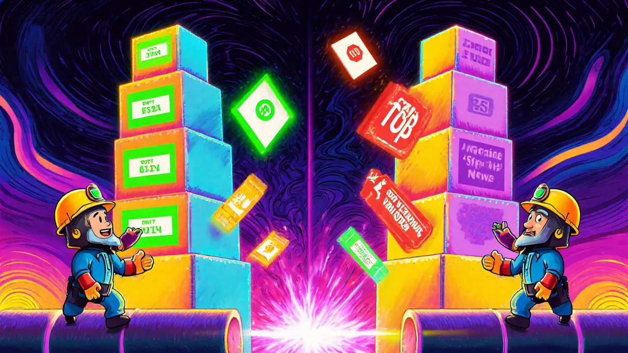 Illustration of miners signaling soft fork with green flags versus hard fork with red stops.