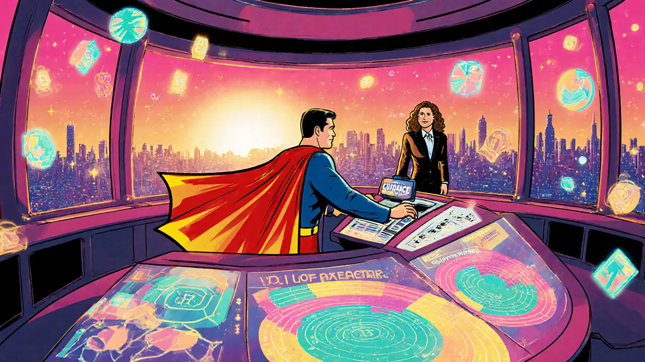 Mark Uyeda and Hester Pierce in a bright futuristic control room with holographic crypto charts.