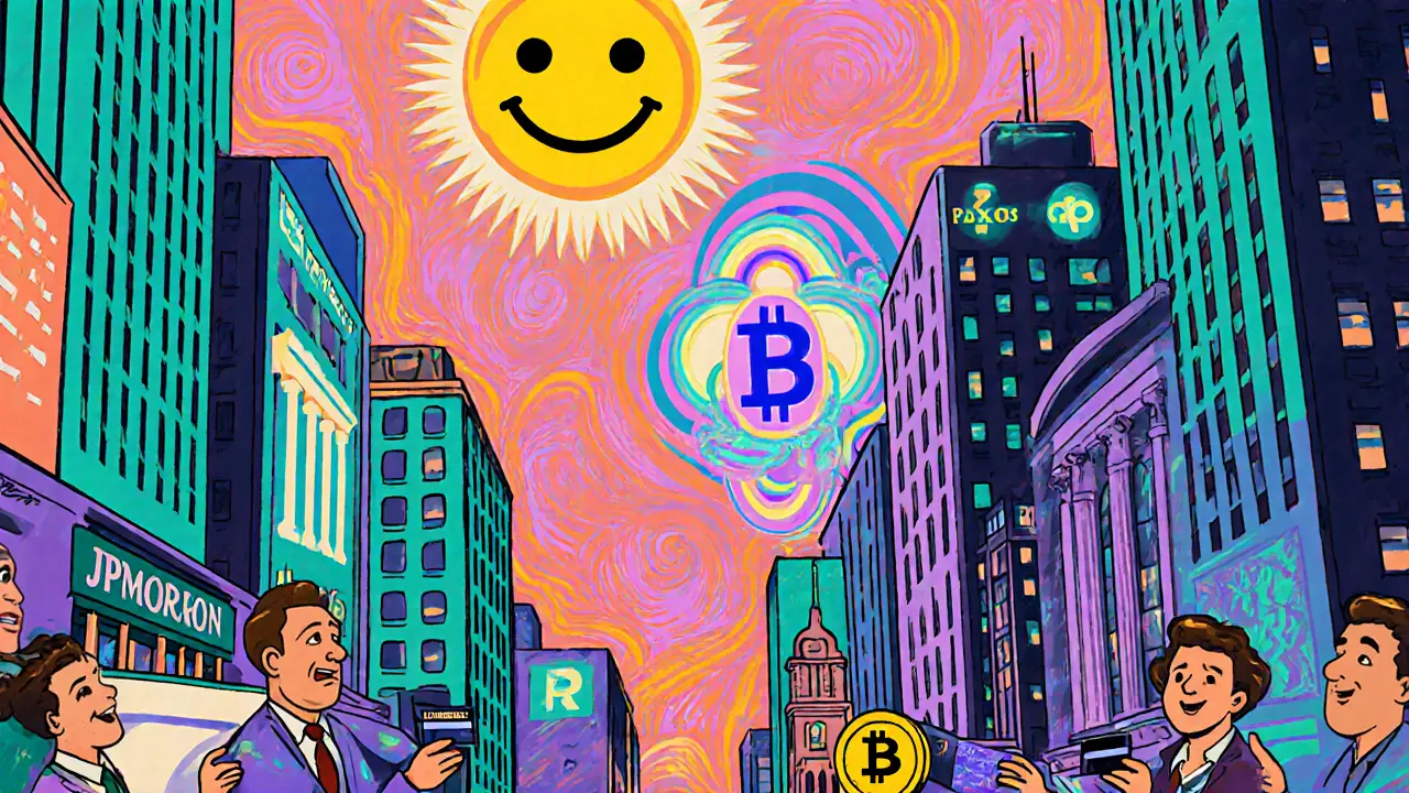 New York financial skyline with banks issuing stablecoin cards in vibrant pop art colors