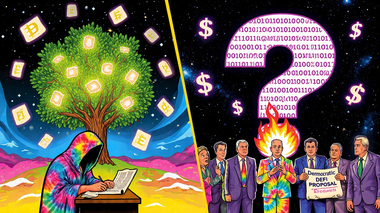 Split scene of DeFi developer and lawmakers debating crypto regulation in retro-futuristic style