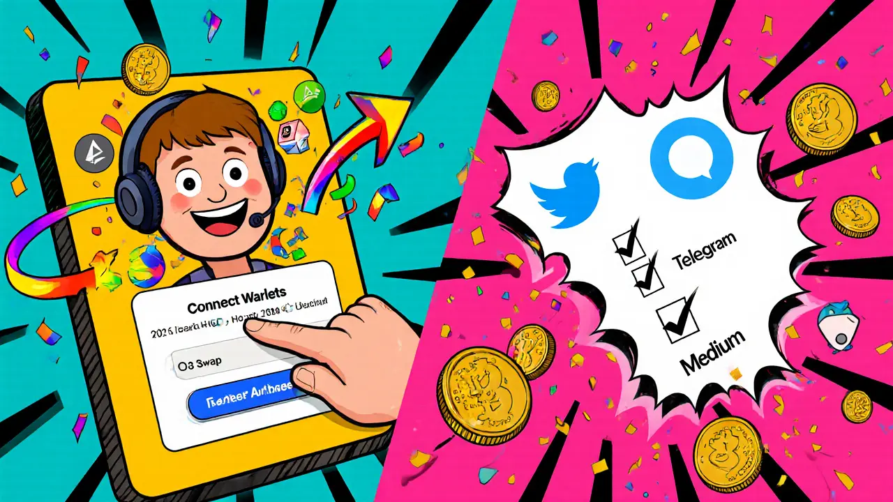 Split scene showing a user swapping on O3 and completing social tasks, with rainbow tokens raining down.