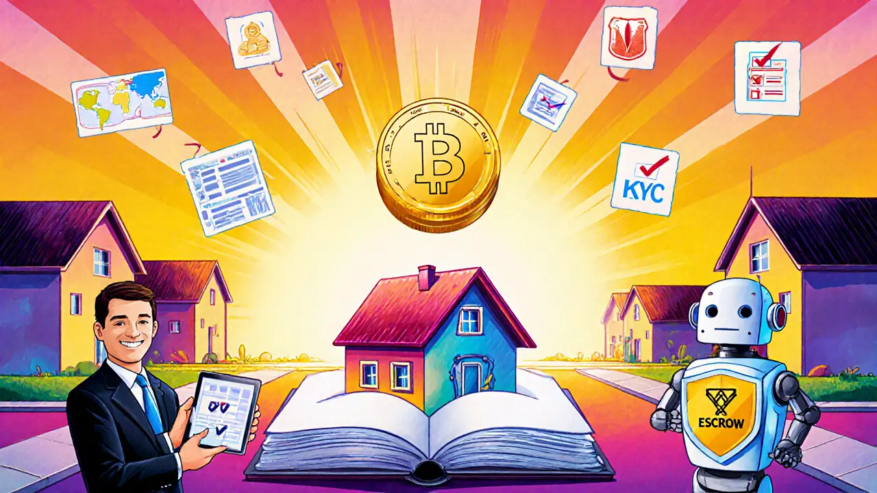 Sunlit neighborhood scene showing a blockchain ledger token transferring ownership to a house.