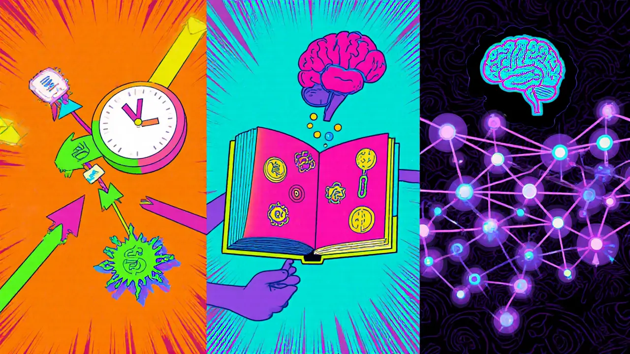 Three panels showing heuristic arrows, rule book, and glowing graph network.