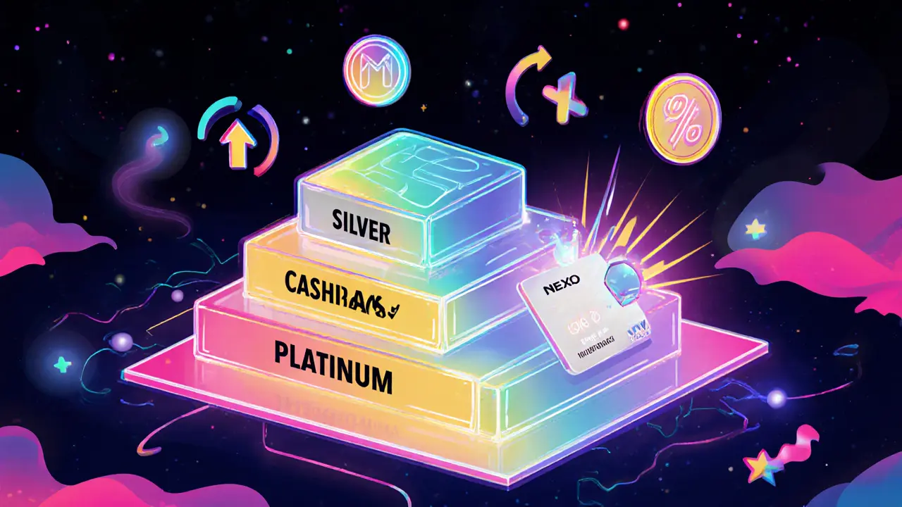 Tiered loyalty platforms with Nexo Card, interest boost, loan discount, and fee rebate icons.