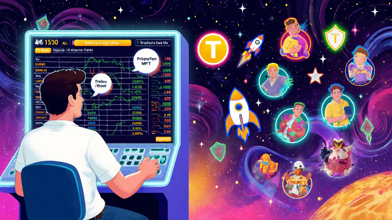 Trader at a neon order‑book screen beside a sci‑fi gaming marketplace with bounty badges.