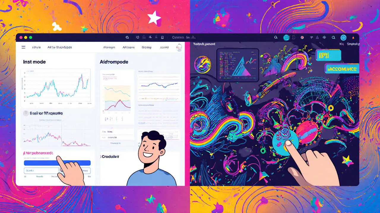 Two trading interfaces: simple Lite mode on left, complex Advanced mode on right, surrounded by cosmic swirls and neon gradients.